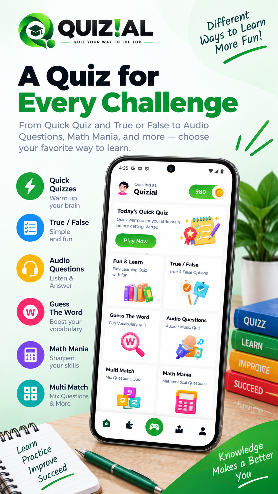 Quizial multiple quiz modes screen